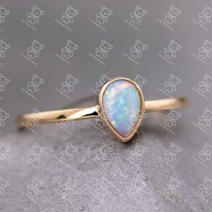 Minimalist Pear Shaped Natural Australian Solid Opal Ring 14k Yellow Gold